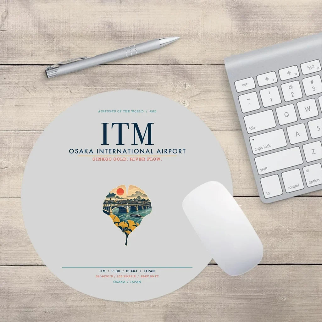 Osaka International Airport (ITM) design on light gray round mouse pad