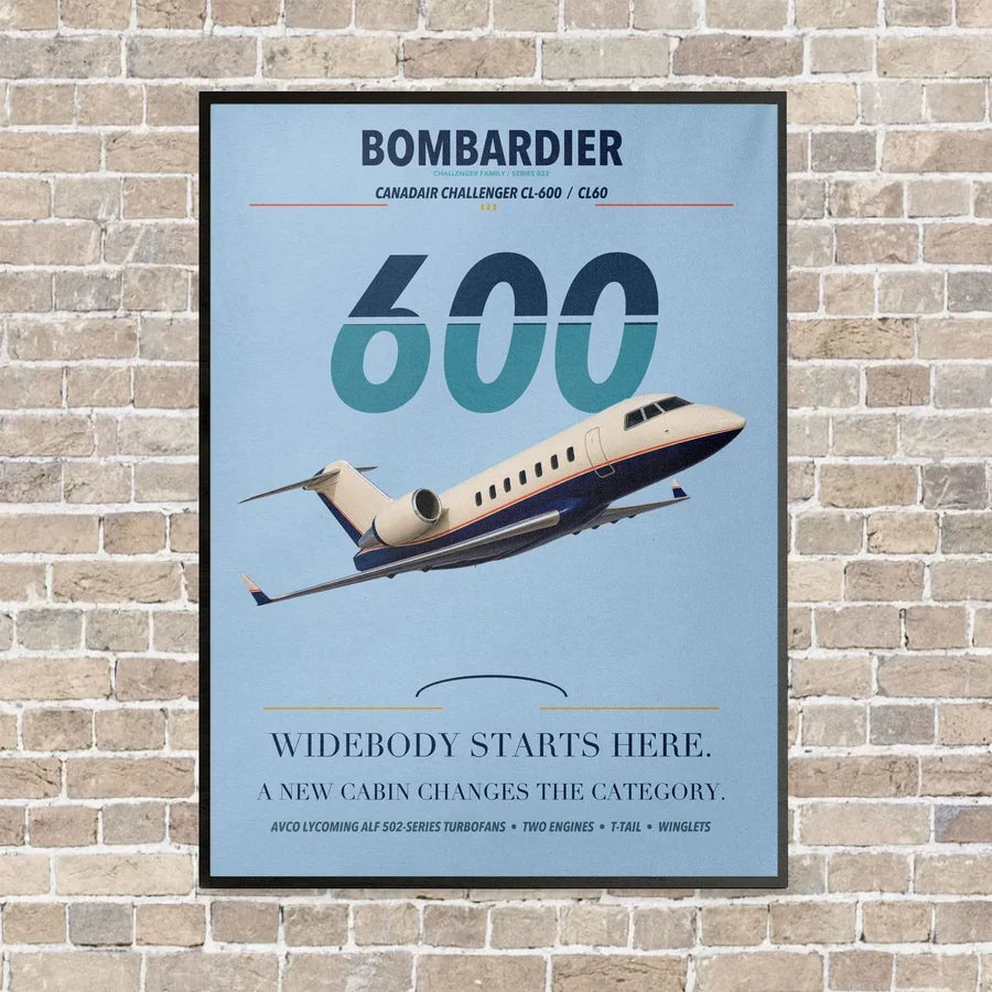 Bombardier Challenger 600 vertical canvas print - framed - light blue background