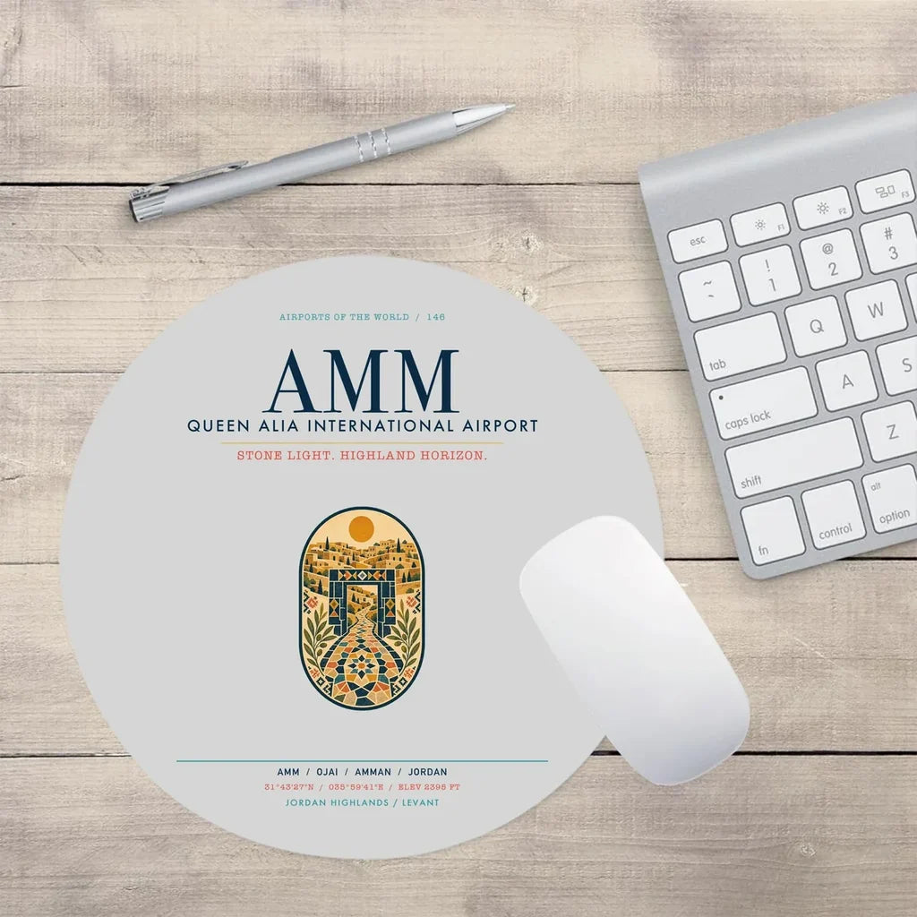 Queen Alia International Airport (AMM) design on light gray round mouse pad