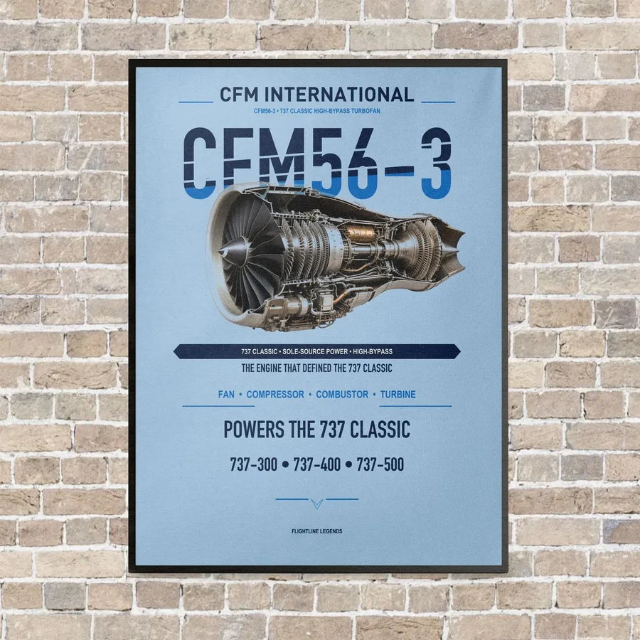 CFM56-3 vertical canvas print - framed - light blue background