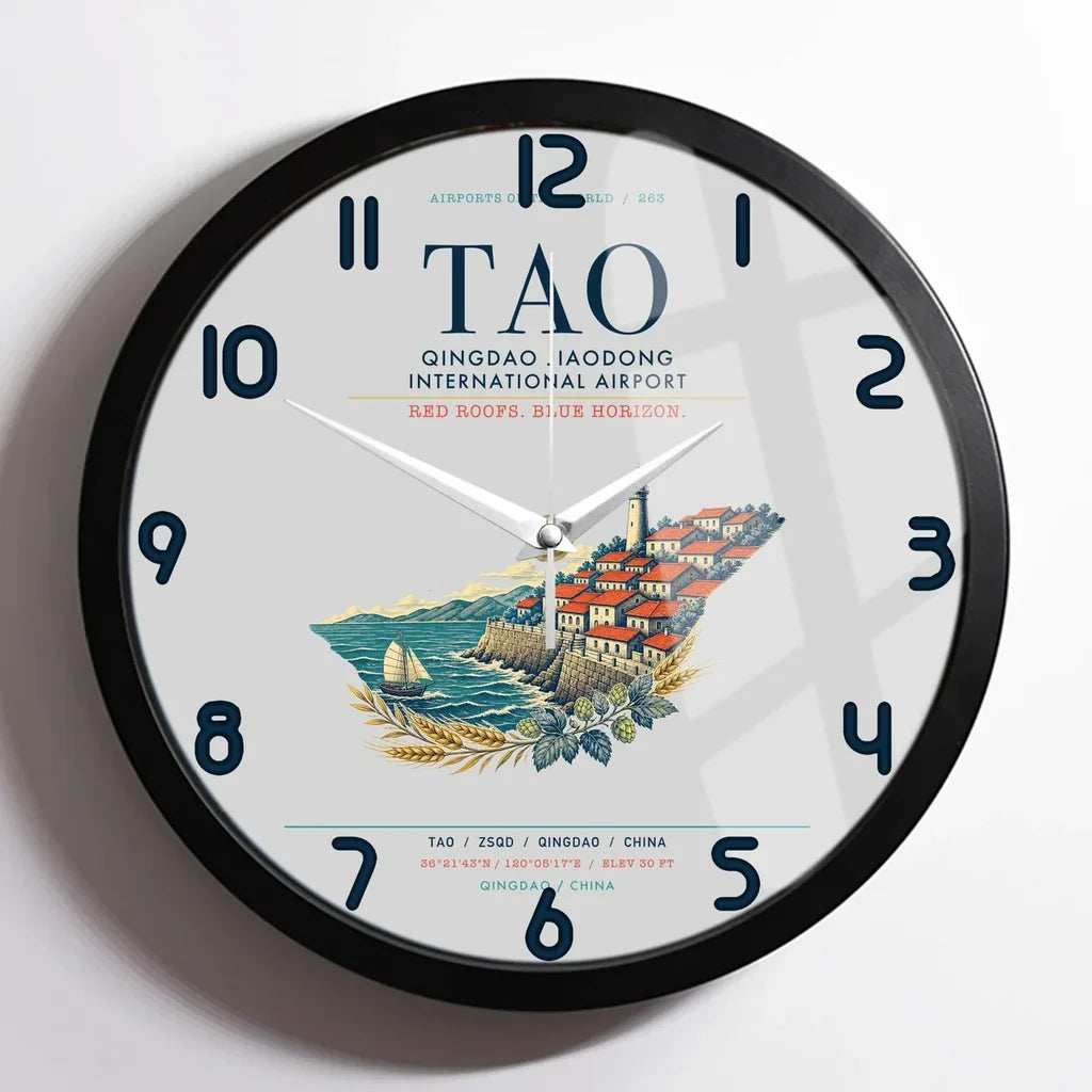 Qingdao Jiaodong International Airport (TAO) design on light gray framed wall clock