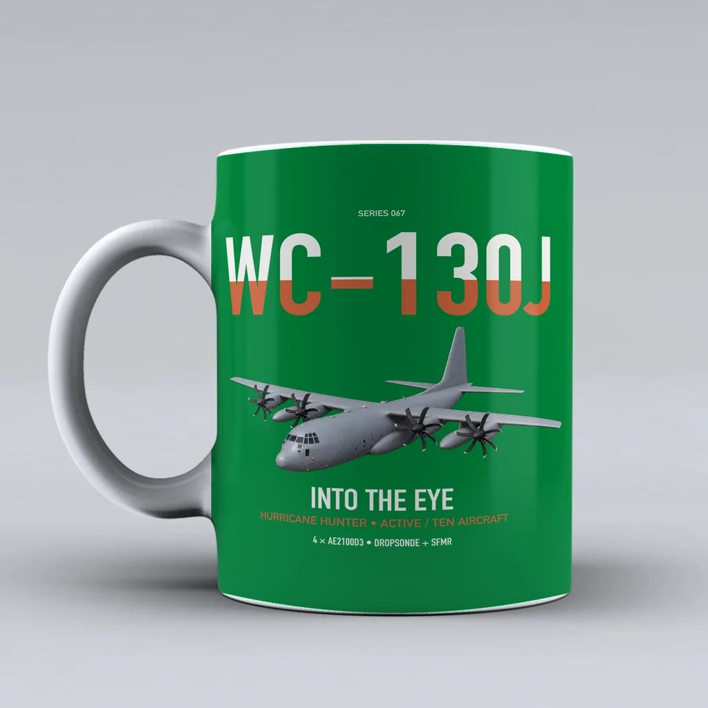 WC-130J Hurricane Hunter design on green ceramic mug, double-side print