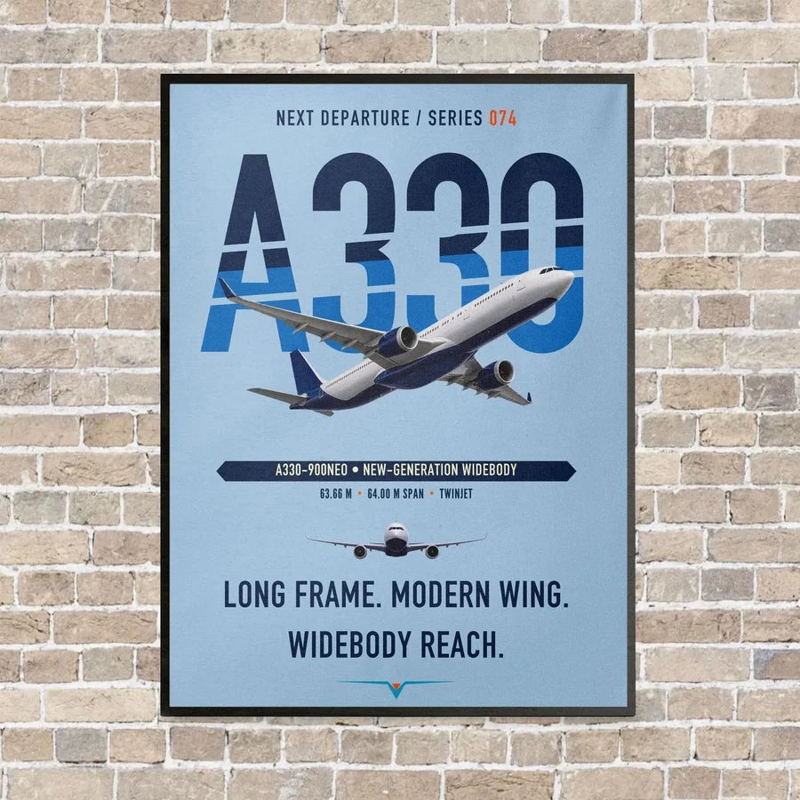 Airbus A330-900neo vertical canvas print - framed - light blue background