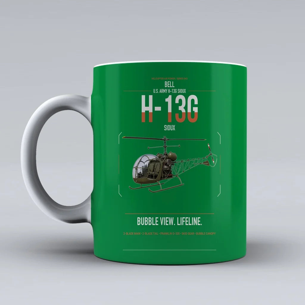 Bell H-13G Sioux design on green ceramic mug, double-side print