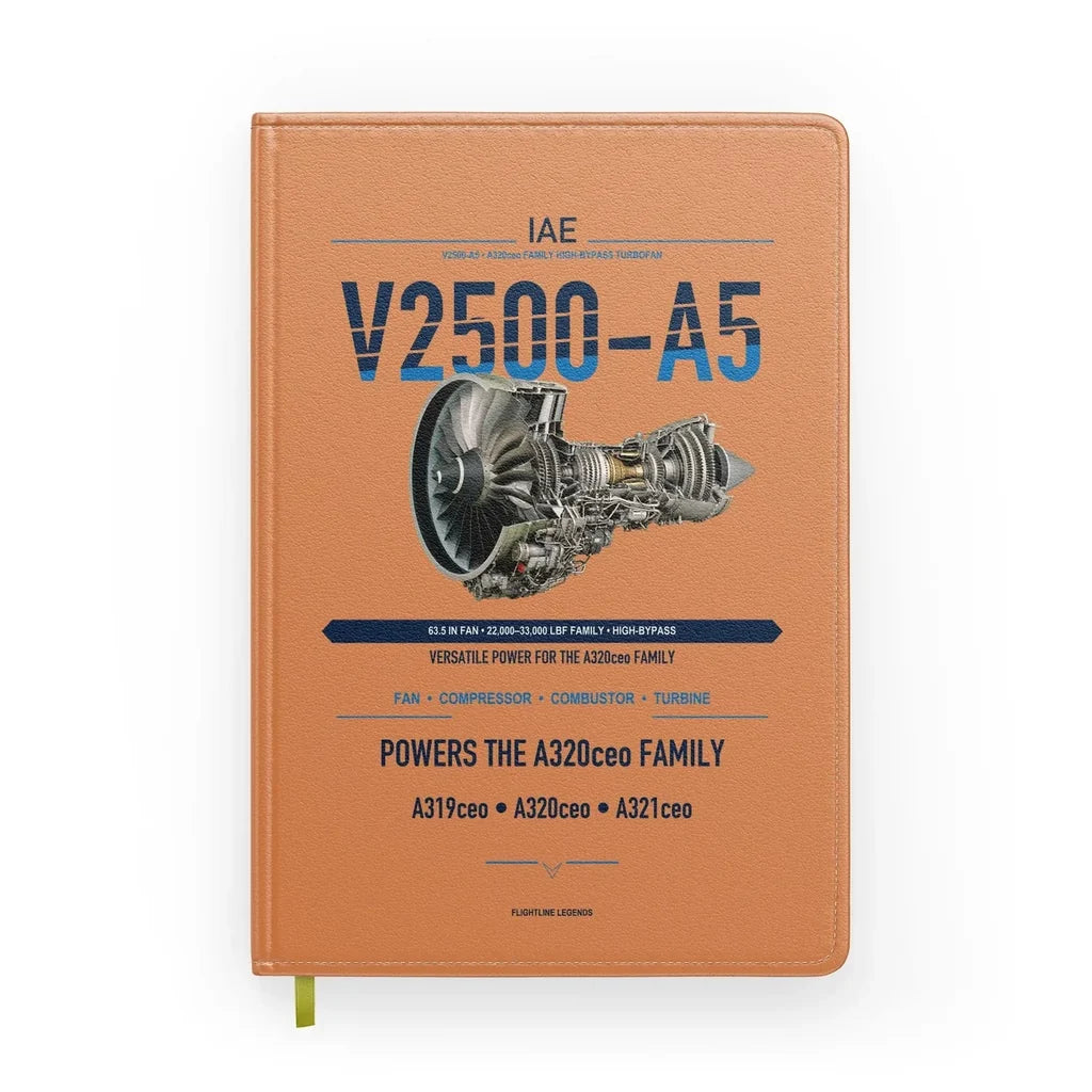 V2500-A5 design on orange notebook