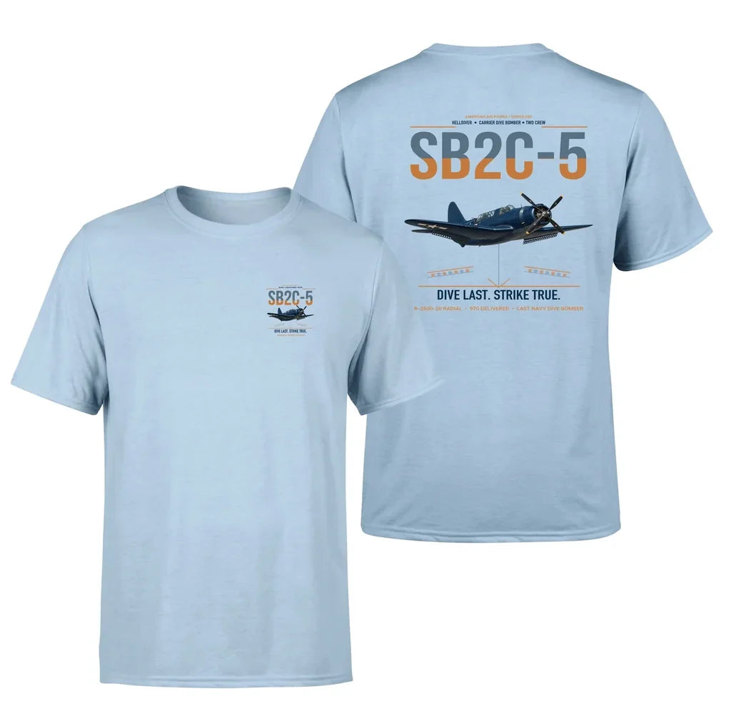 SB2C-5 Helldiver design on light blue double-side t-shirt, double-side print
