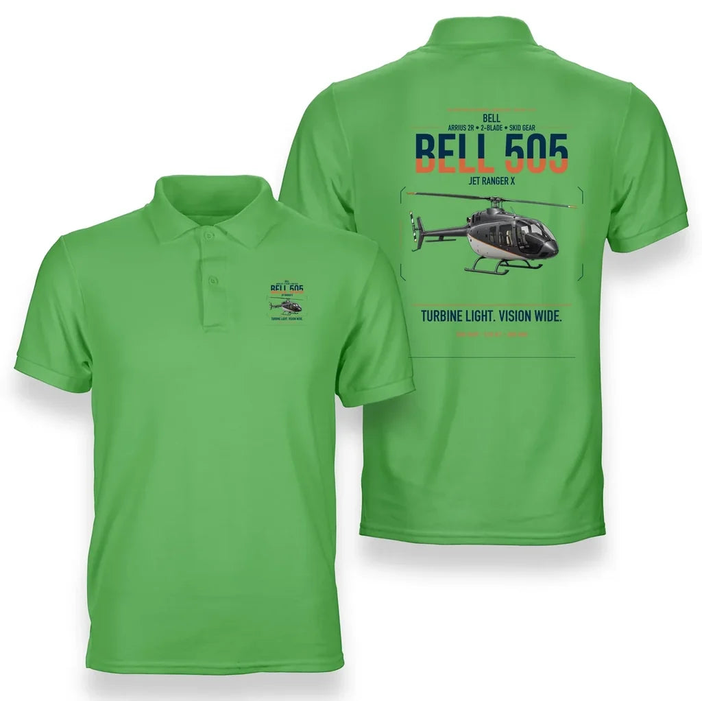 Bell 505 Jet Ranger X design on light green double-side polo t-shirt, double-side print