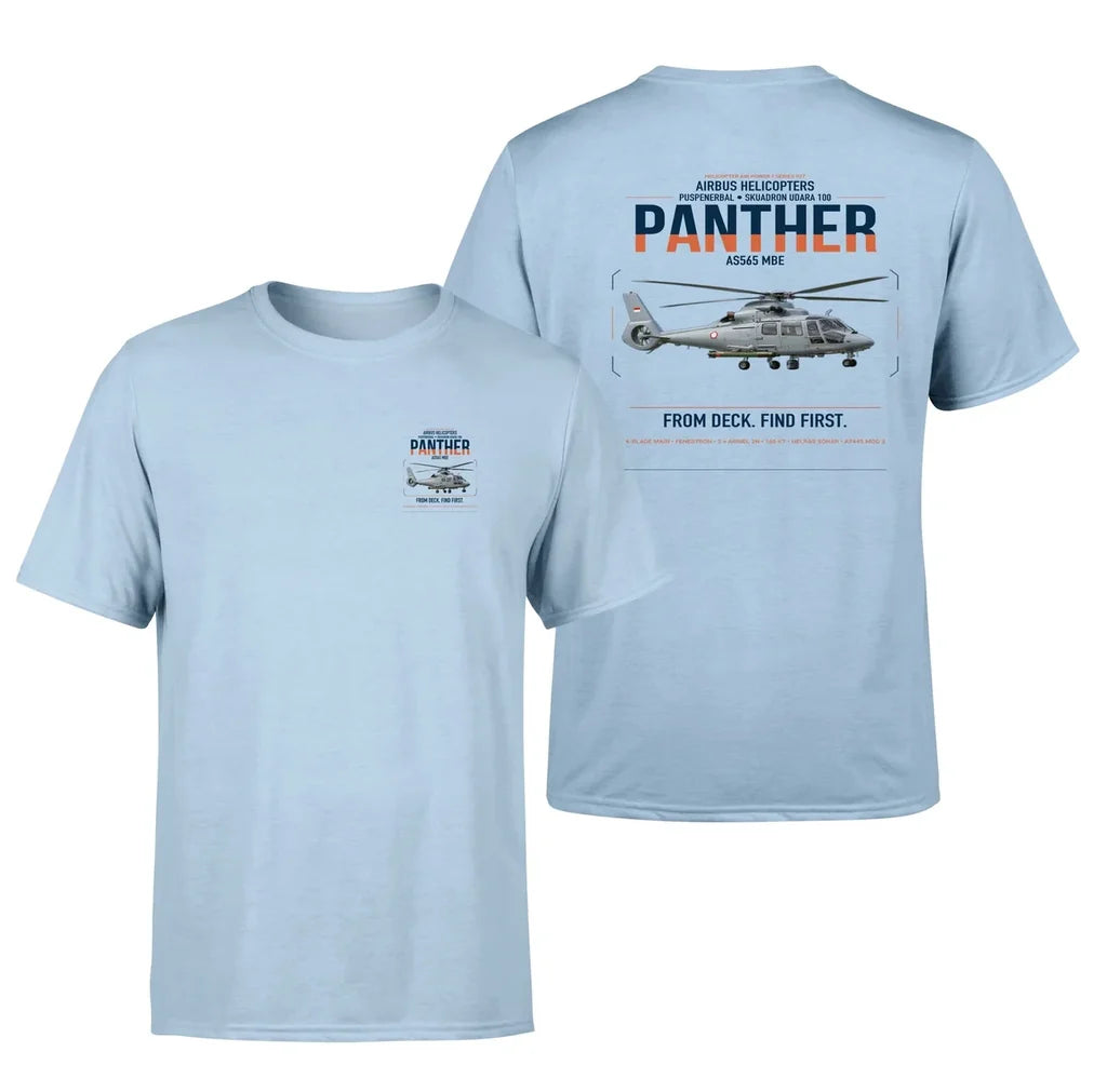 Airbus Helicopters AS565 MBe Panther design on light blue t-shirt, double-side print