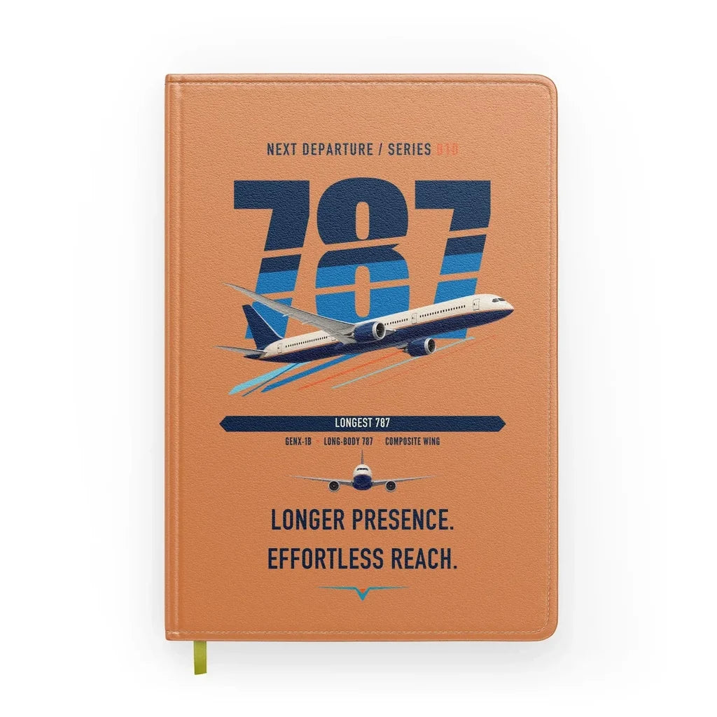 Boeing 787-10 Dreamliner design on orange notebook