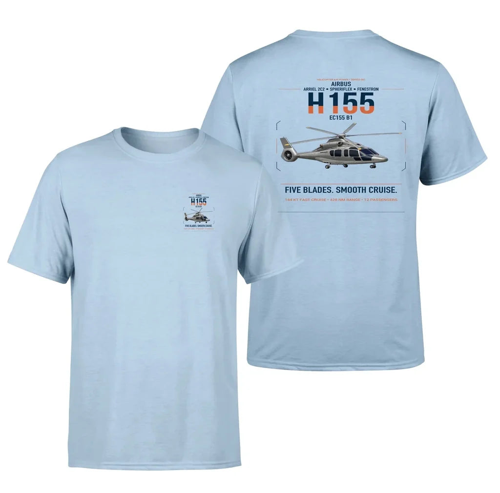Airbus H155 EC155 B1 design on light blue t-shirt, double-side print