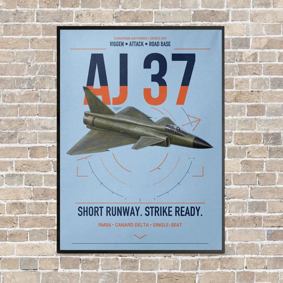 Saab AJ 37 Viggen vertical canvas print - framed - light blue background