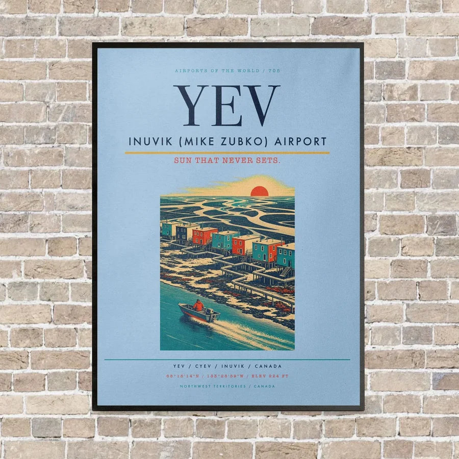Inuvik (Mike Zubko) Airport YEV vertical canvas print - framed - light blue background
