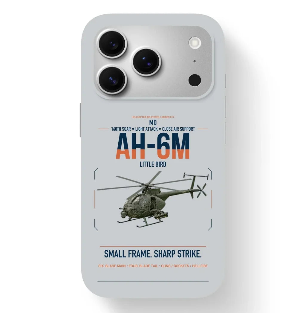 MD AH-6M Little Bird design on light gray magsafe iphone case, for iPhone 17 Pro