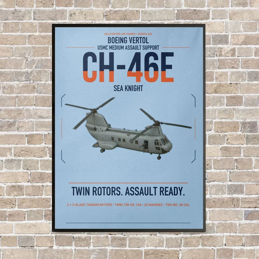 Boeing Vertol CH-46E Sea Knight vertical canvas print - framed - light blue background