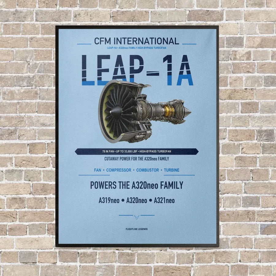 CFM LEAP-1A vertical canvas print - framed - light blue background