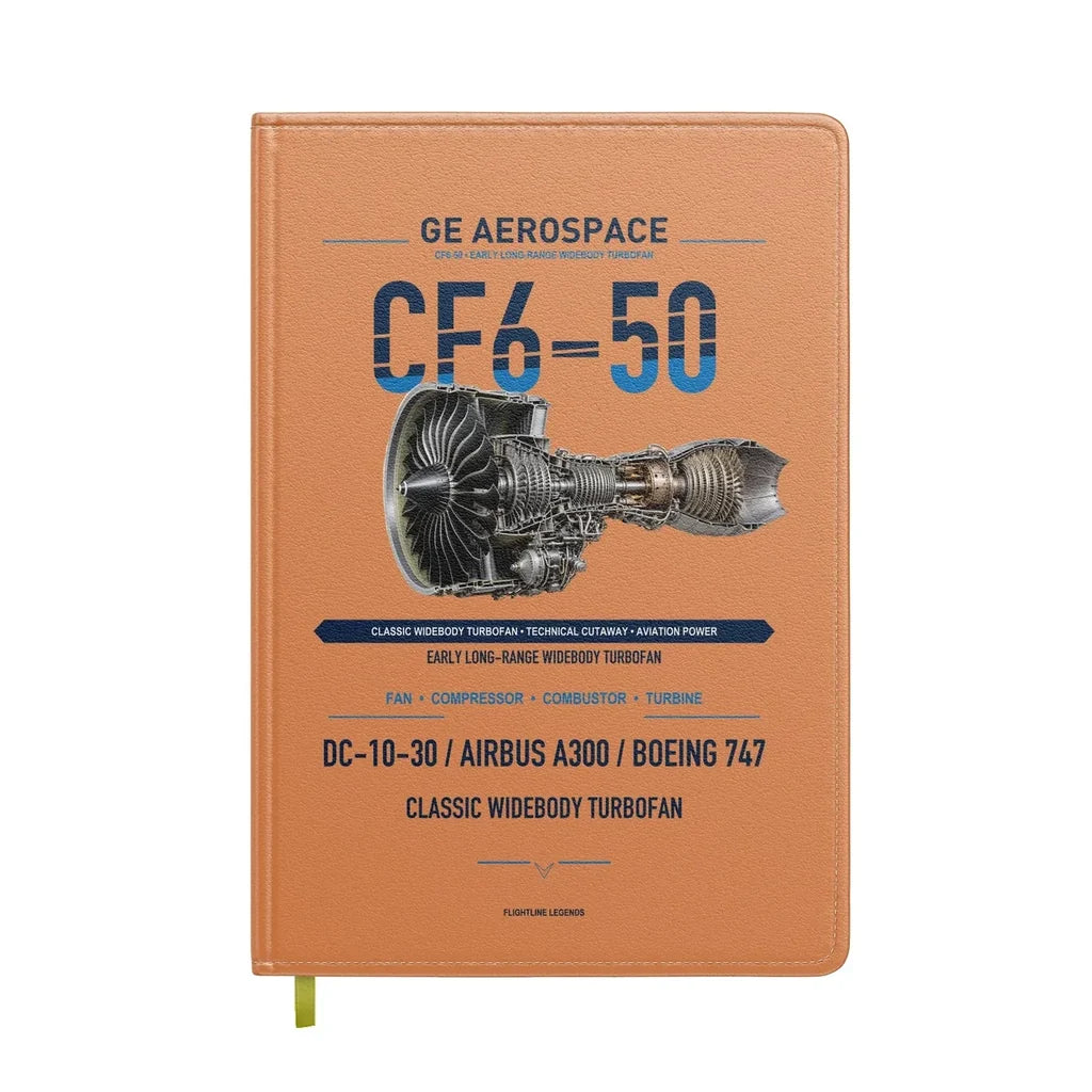 CF6-50 design on orange notebook
