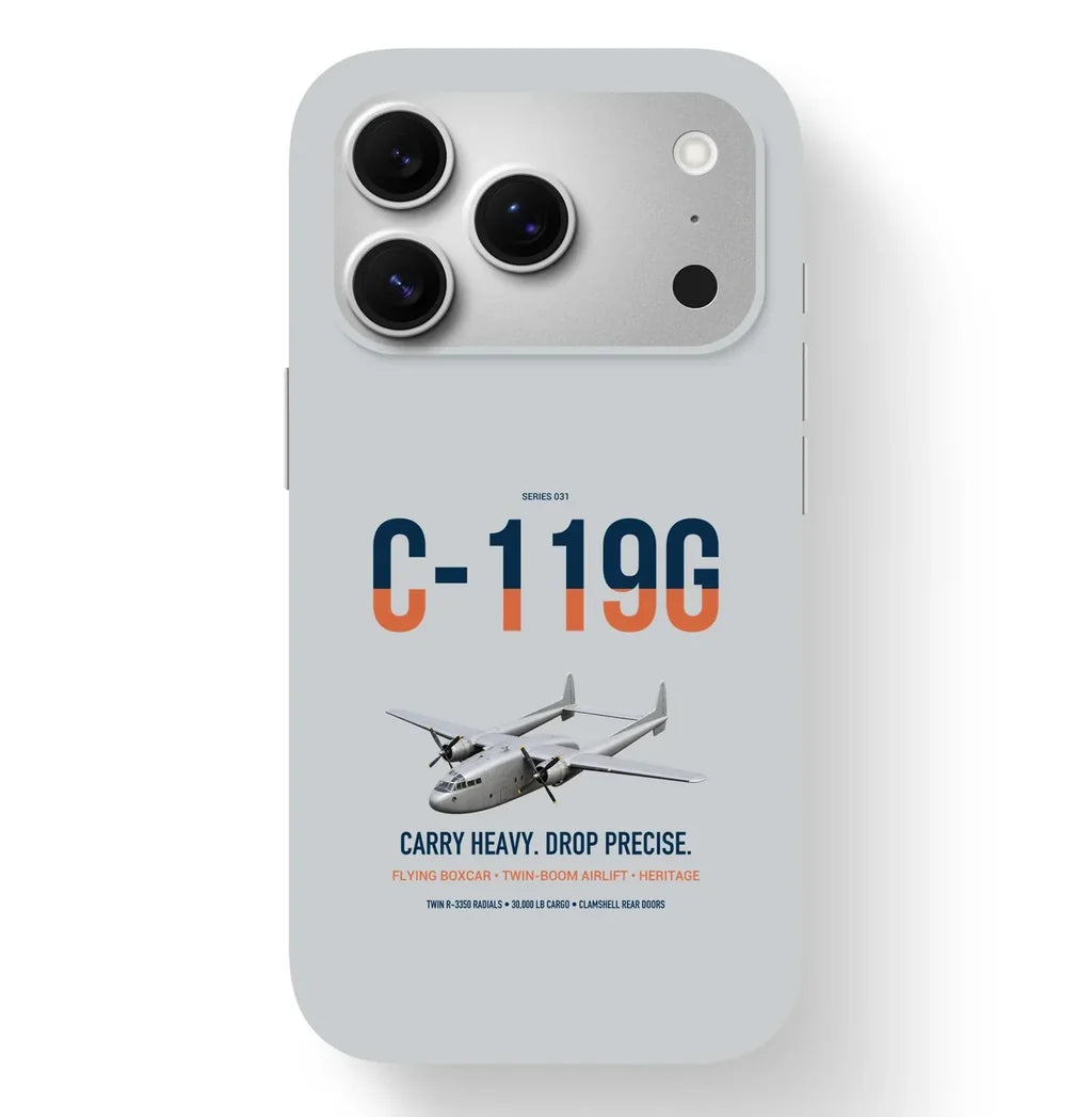 C-119G Flying Boxcar design on light gray magsafe iphone case, for iPhone 17 Pro
