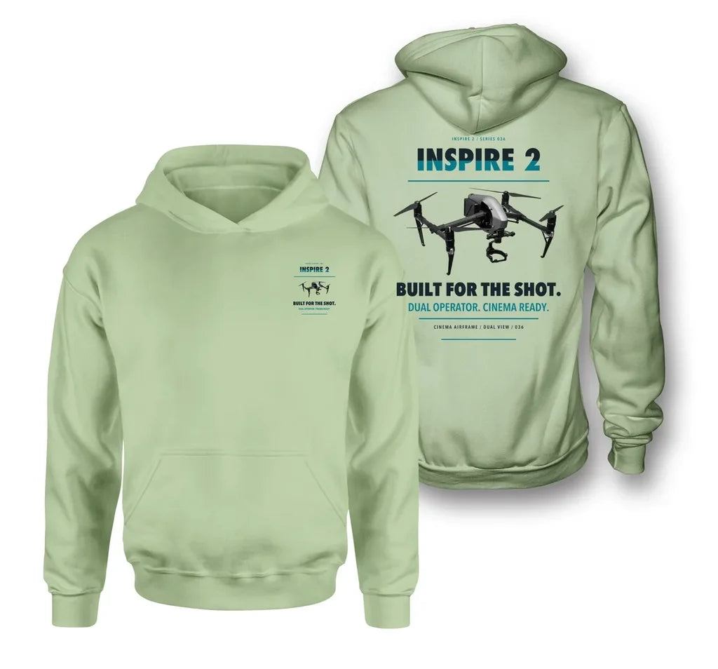 DJI Inspire 2 design on light green hoodie