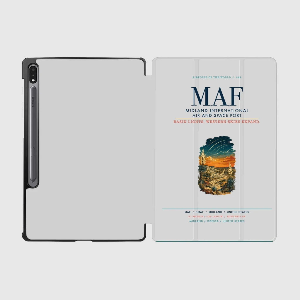 Midland International Air and Space Port (MAF) design on light gray samsung tablet tablet case