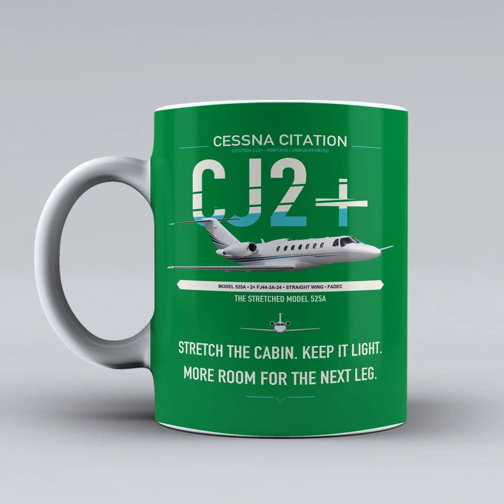 Cessna Citation CJ2+ design on green ceramic mug, double-side print