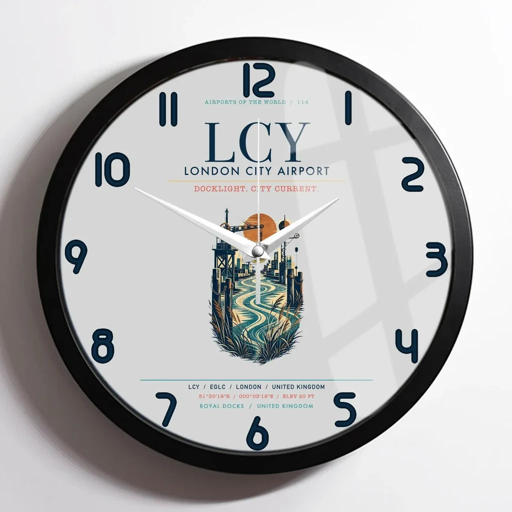 London City Airport (LCY) design on light gray framed wall clock