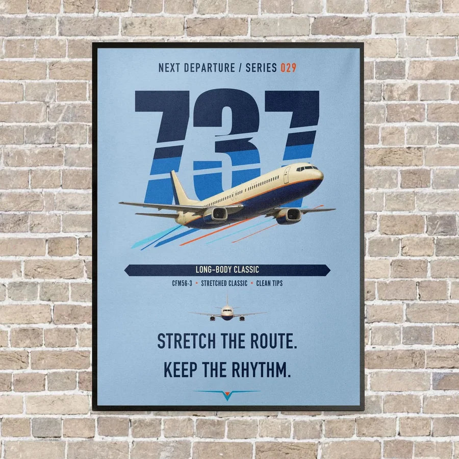 Boeing 737-400 Classic vertical canvas print - framed - light blue background