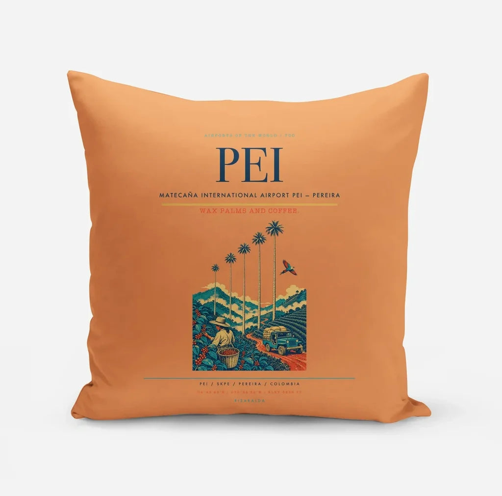 Matecaña International Airport (PEI) design on orange pillow