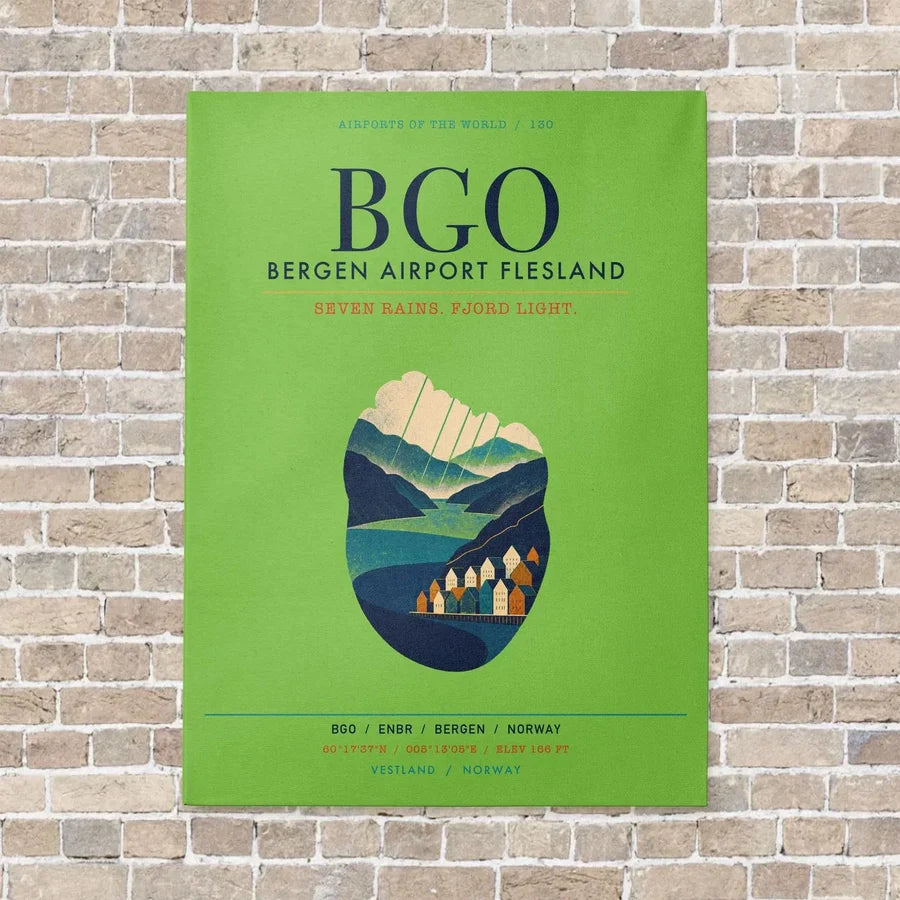 Bergen Airport Flesland BGO vertical canvas print - no frame - light green background