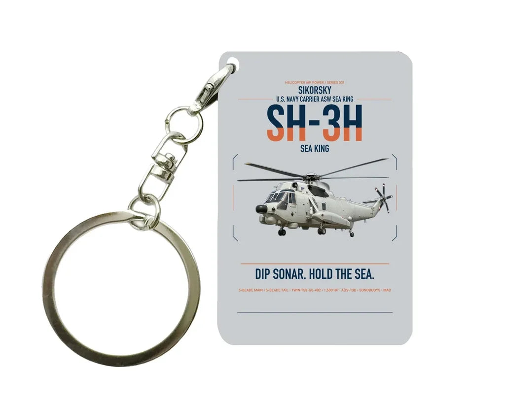 Sikorsky SH-3H Sea King design on light gray designed key chain, double-side print
