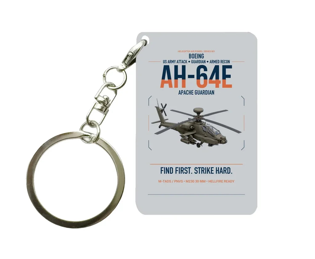 Boeing AH-64E Apache Guardian design on light gray designed key chain, double-side print