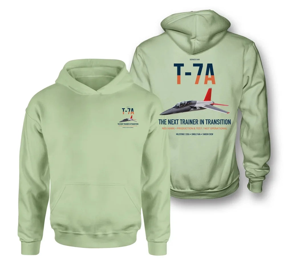 T-7A Red Hawk design on light green double-side hoodie, double-side print