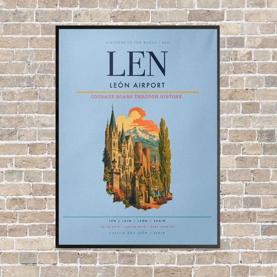 León Airport LEN vertical canvas print - framed - light blue background