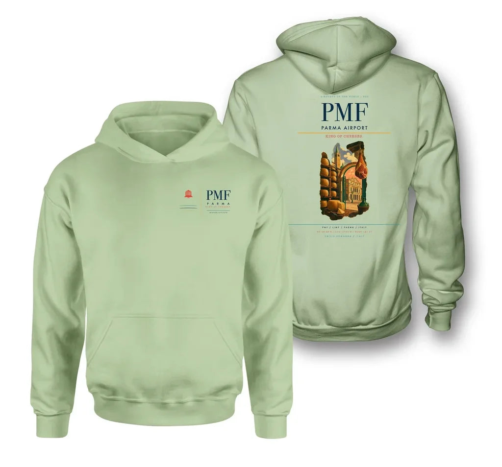 Parma Airport (PMF) design on light green double-side hoodie