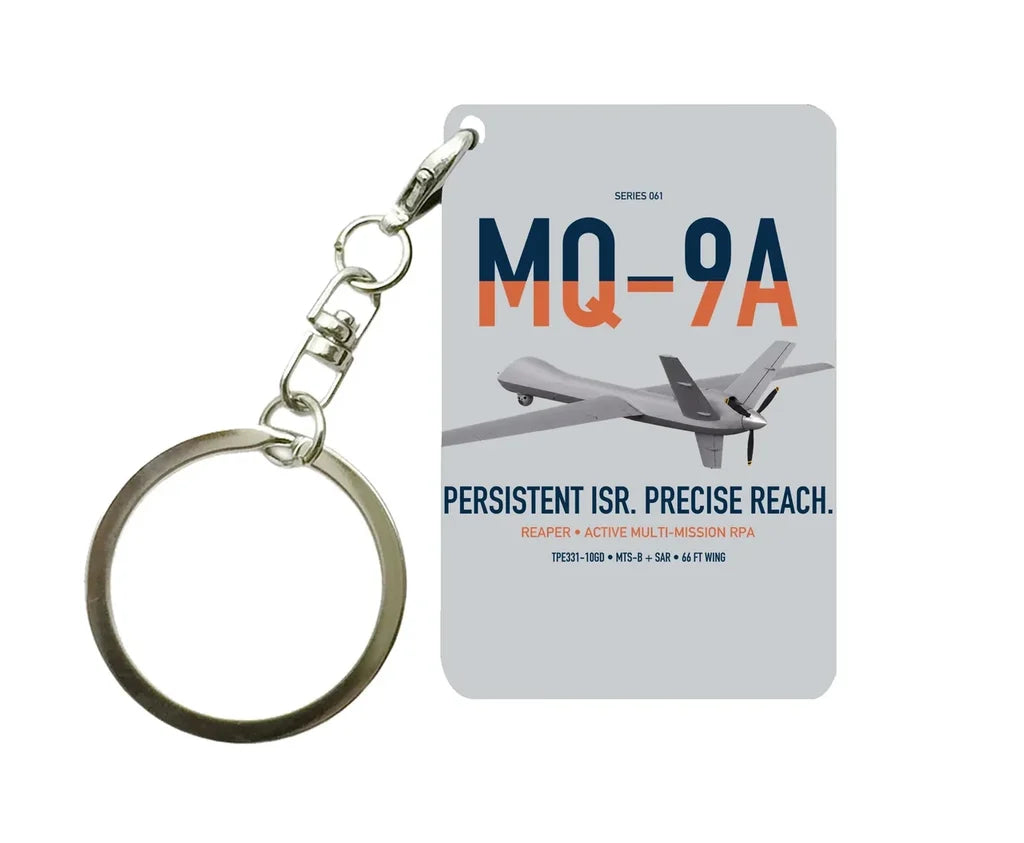 MQ-9A Reaper design on light gray designed key chain, double-side print