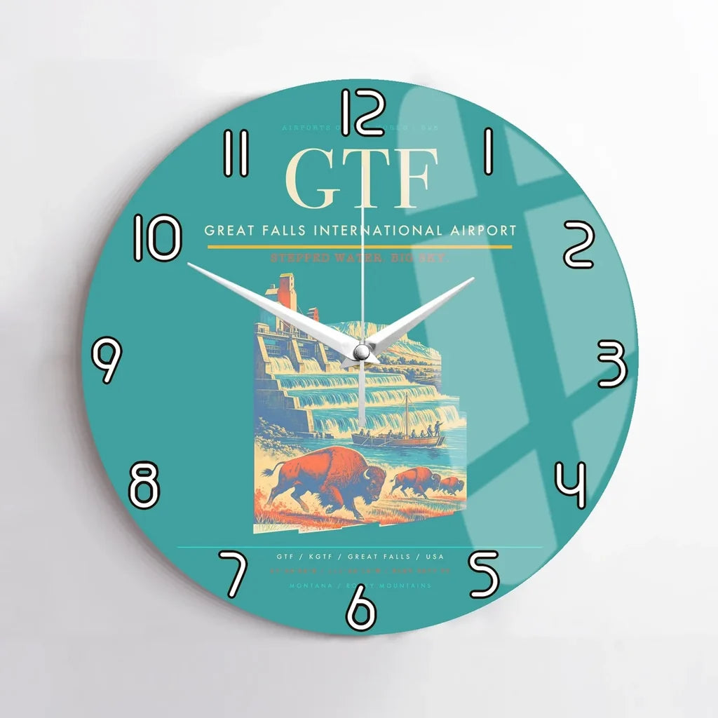 Great Falls International Airport (GTF) design on turquoise no frame wall clock