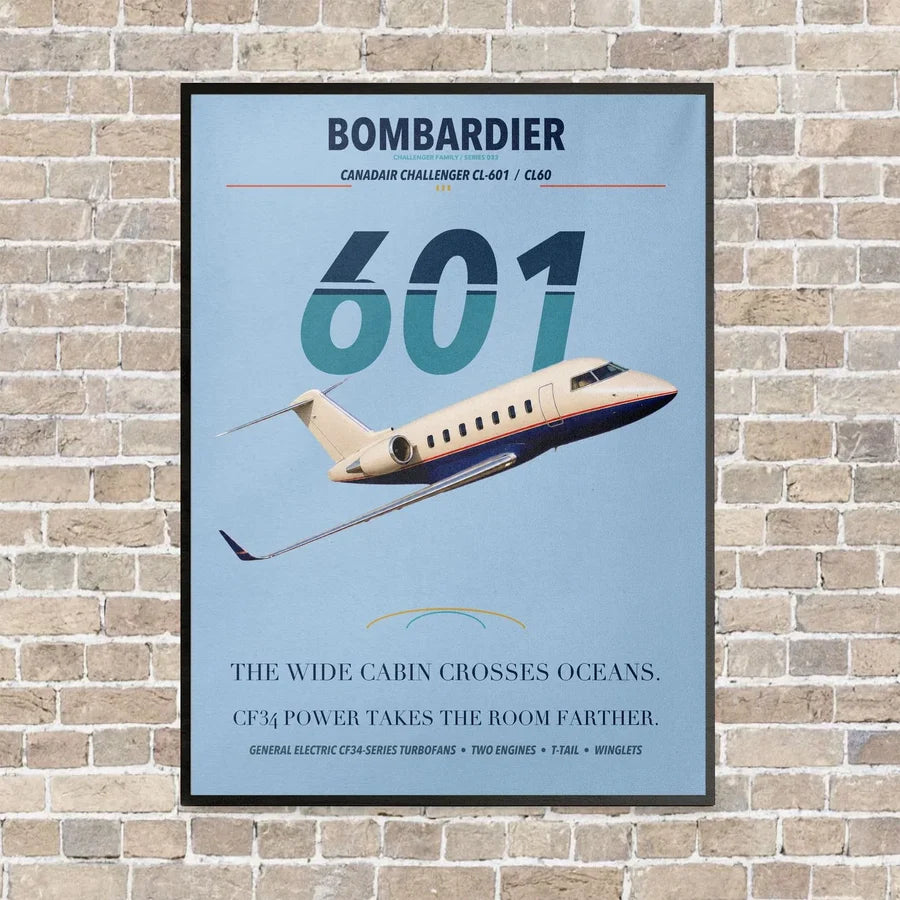 Bombardier Challenger 601 vertical canvas print - framed - light blue background