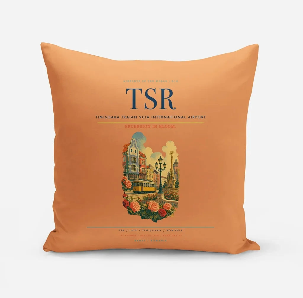Timișoara Traian Vuia International Airport (TSR) design on orange pillow