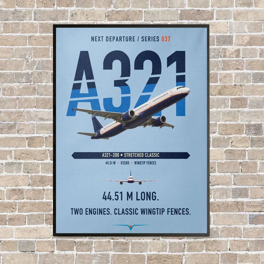 Airbus A321 vertical canvas print - framed - light blue background
