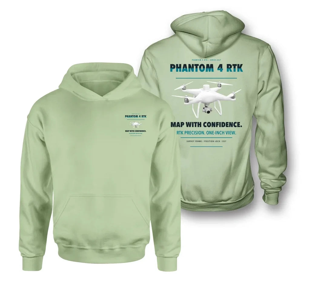 DJI Phantom 4 RTK design on light green hoodie