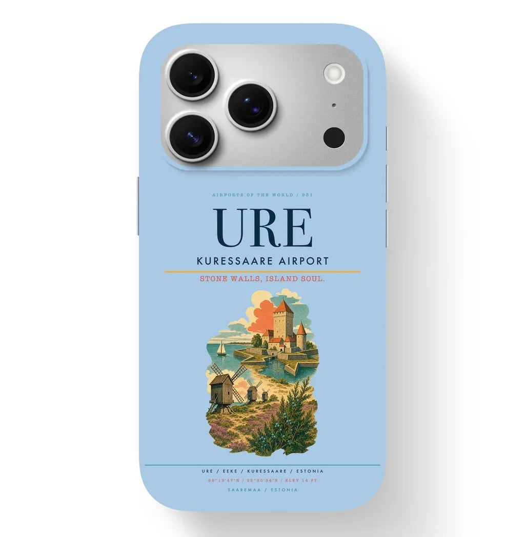 Kuressaare Airport (URE) design on light blue iPhone 17 Pro MagSafe case