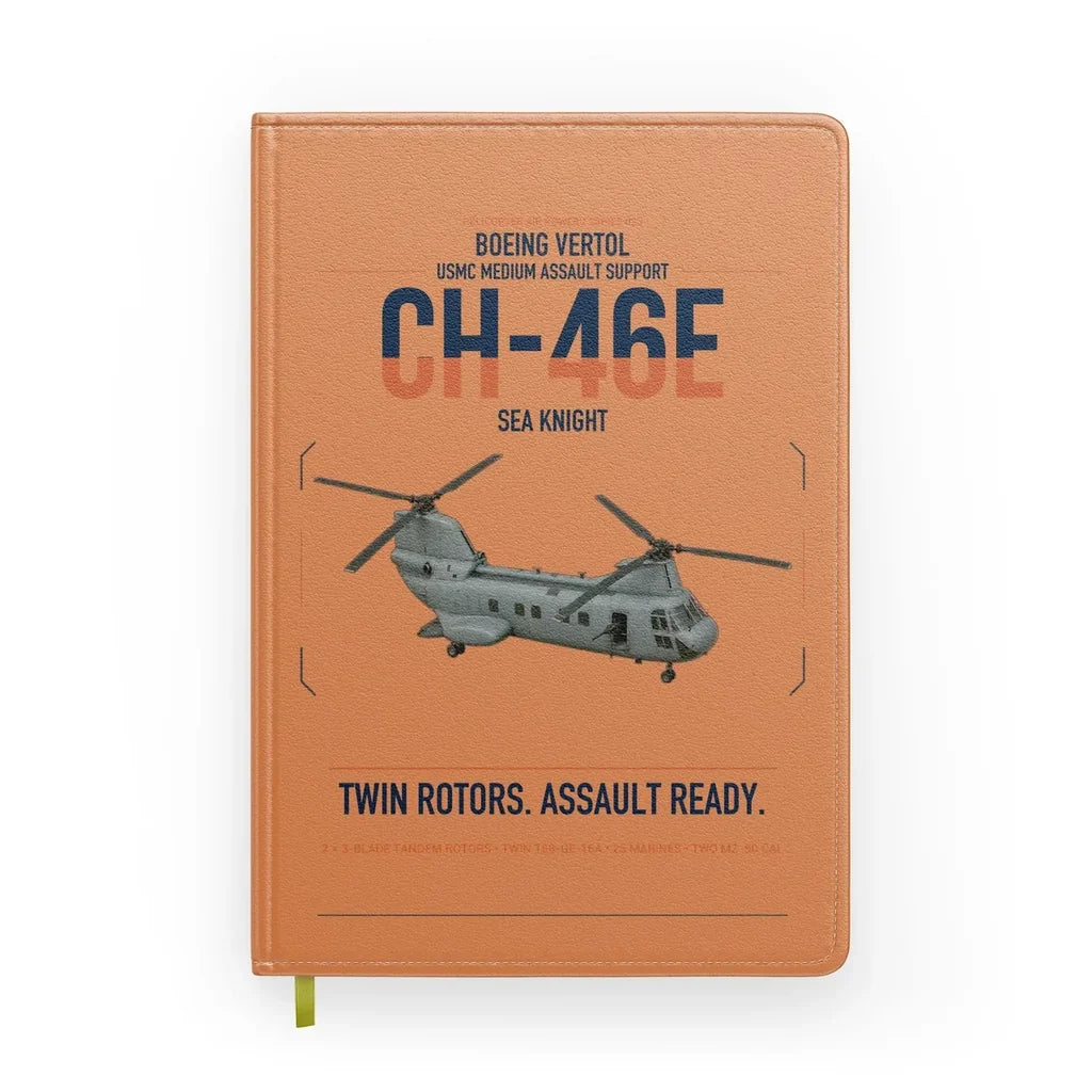 Boeing Vertol CH-46E Sea Knight design on orange notebook