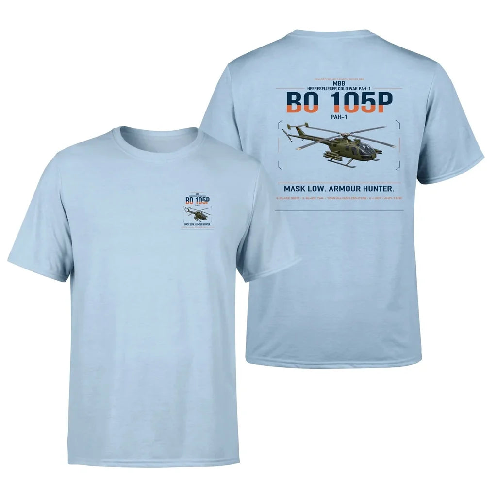 MBB BO 105P PAH-1 design on light blue t-shirt, double-side print