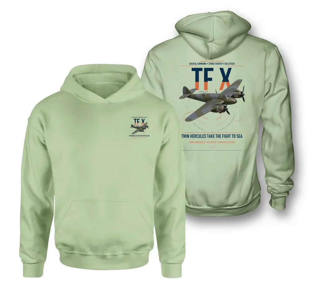 Bristol Beaufighter TF X design on light green double-side hoodie, double-side print