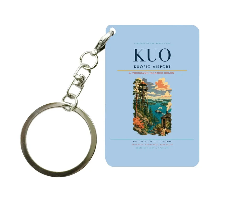 Kuopio Airport (KUO) design on light blue key chain