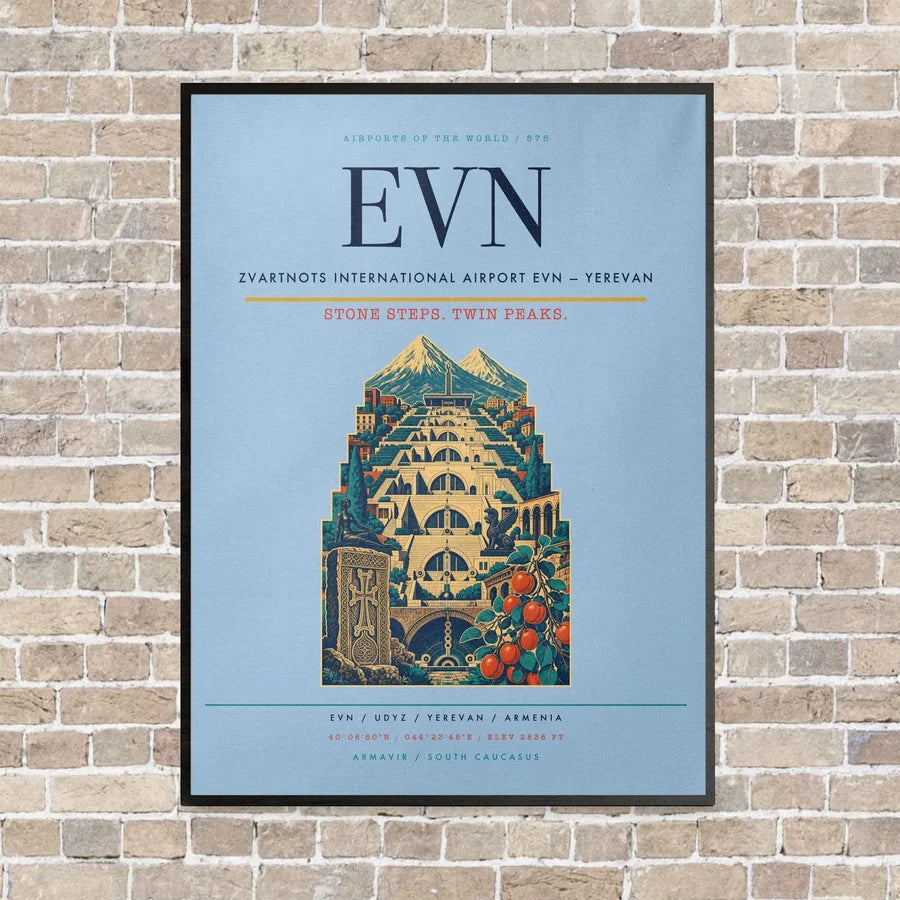 Zvartnots International Airport EVN — Yerevan vertical canvas print - framed - light blue background