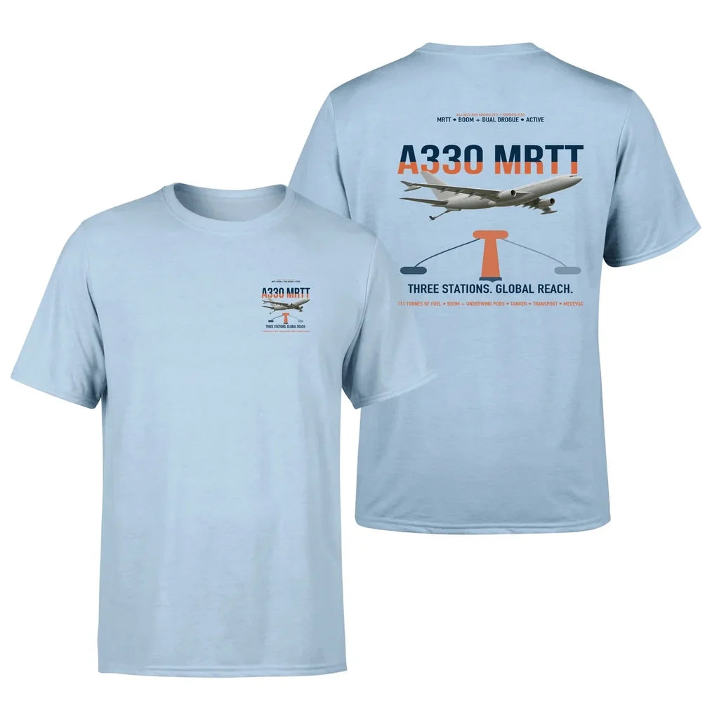 Airbus A330 MRTT design on light blue t-shirt, double-side print