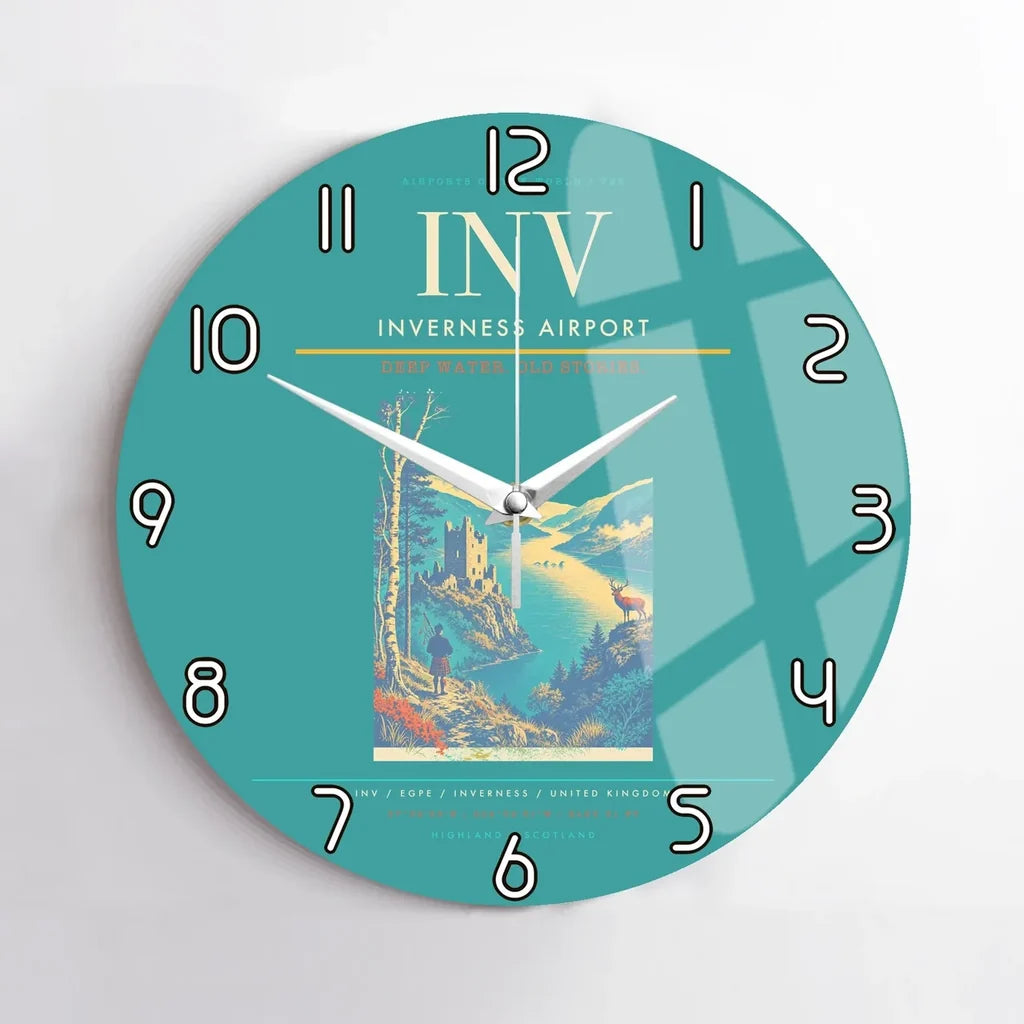 Inverness Airport (INV) design on turquoise no frame wall clock