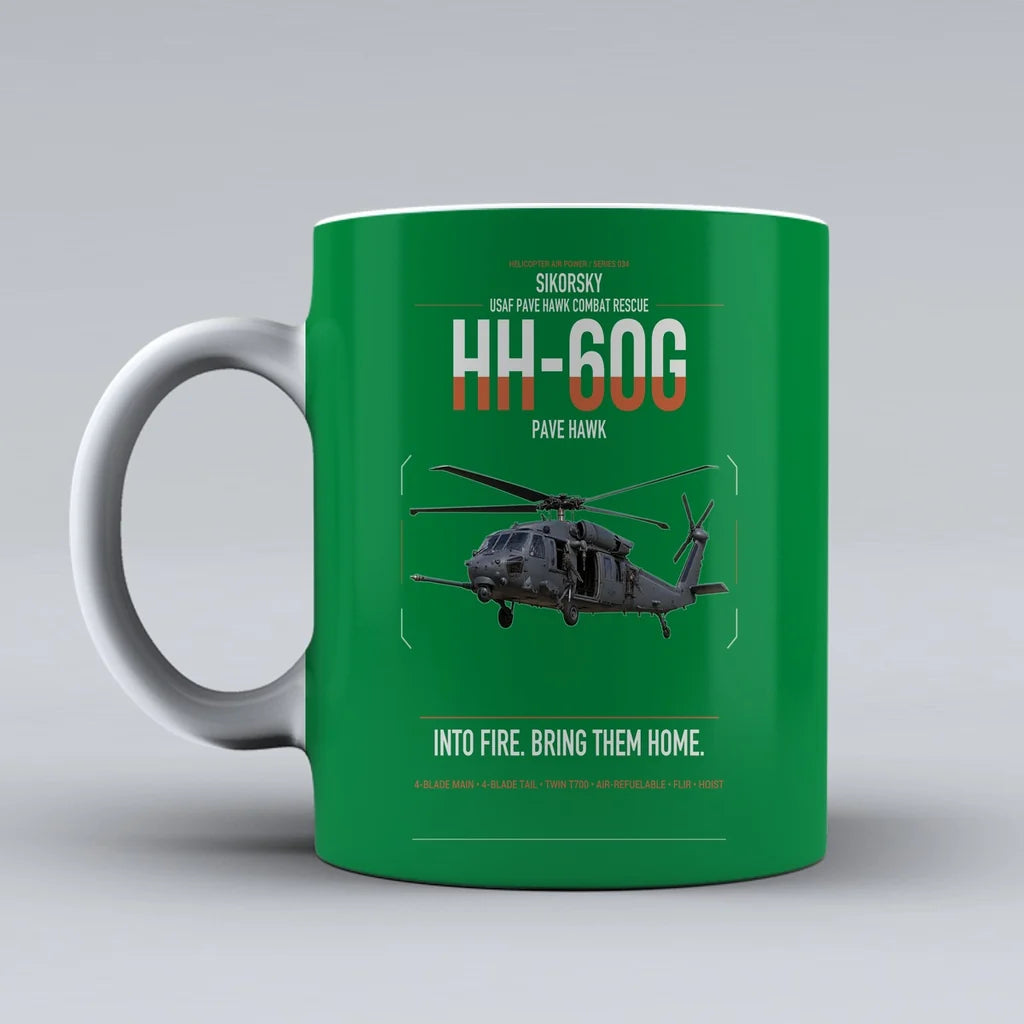 Sikorsky HH-60G Pave Hawk design on green ceramic mug, double-side print