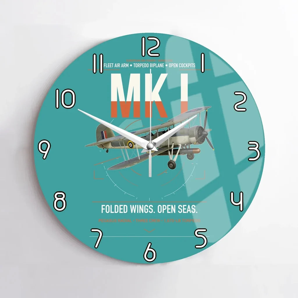 Fairey Swordfish Mk I design on turquoise no frame wall clock
