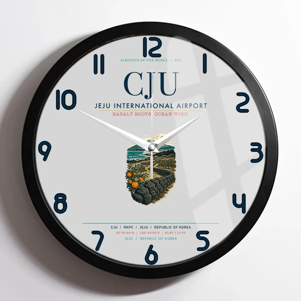 Jeju International Airport (CJU) design on light gray framed wall clock